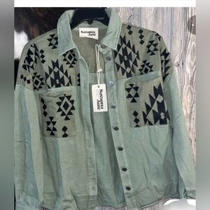 Savanna Jane Olive Shacket with Black Aztec Design